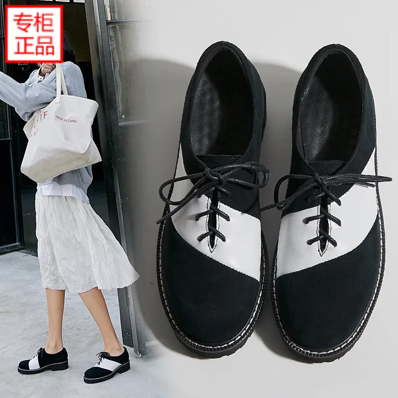 

2019 Spring New Style Mix And Match round-Toe Shoe Shoes Women's Deep Mouth Lace-up Mixed Colors England Black And White WOMEN'S