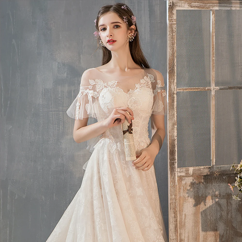 2020 на заказ кружевные свадебные платья с бантом Vestido De Casamento, с круглым вырезом, с короткими рукавами, прозрачные свадебные платья, большие