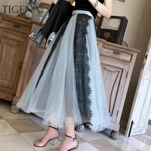 Женская плиссированная юбка TIGENA, длинная юбка из тюля и kружева с высокой талией в корейском стиле