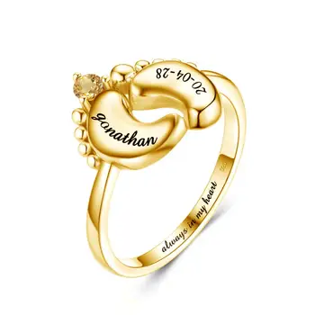 

Szjinao Custom Double Name Ring Natural Gemstone Rings For Women Gold Plated 925 Silver Baby feet Birthstone Jewelry For Mother