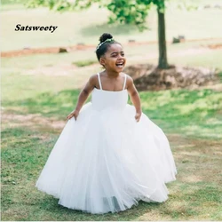 New First Communion Dresses for Girls White Spaghtti Straps Sleeveless Ball Gown Lace Appliques Flower Girl Dresses for Weddings