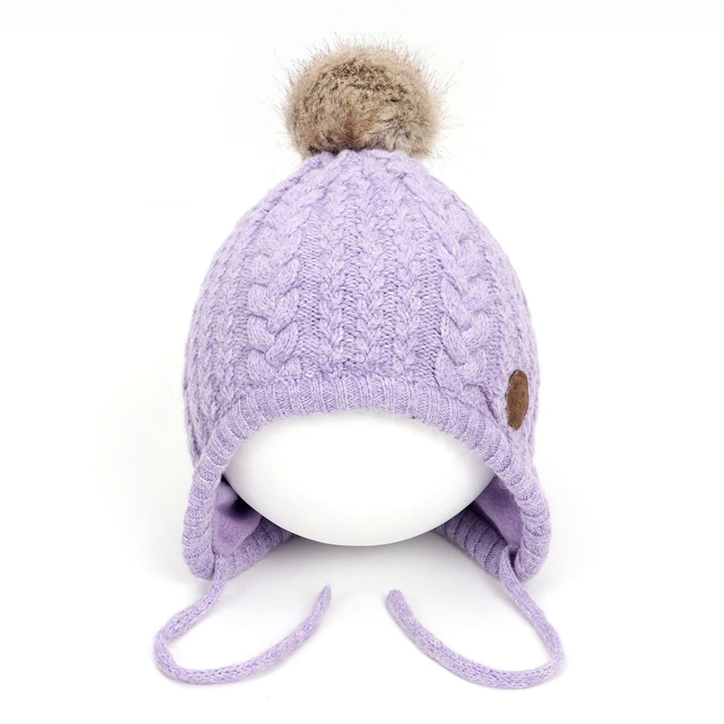 Light Purple Детская зимняя шапка; теплая шапка с ушками для девочек; шапочка с помпоном для малышей; детские шерстяные вязаные шапки; мягкие шапочки; реквизит для фотосессии новорожденных - Цвет: Light Purple