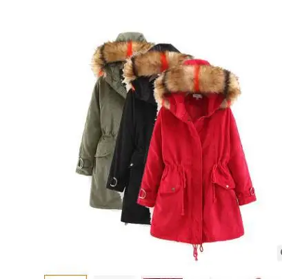 

Winter New Style Europe And America Large Size Slim Fit Drawstring Corduroy Large Fur Collar Mid-length Cotton-padded Clothes Wo