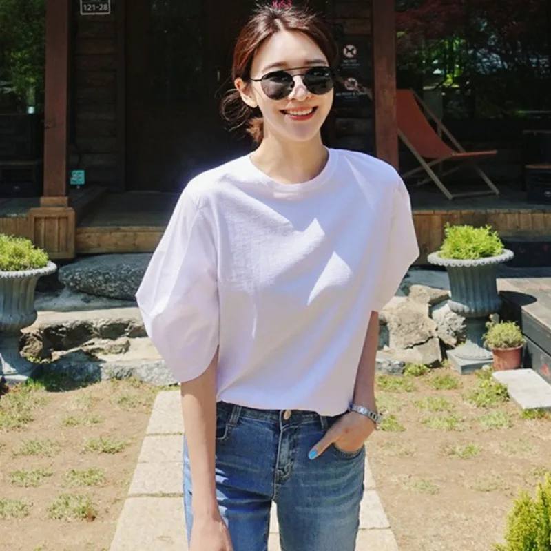 

LANMREM White Round Neck Lantern Short Sleeve Loose Woman Pullover T-shirt Casual Wild Simple Fashion 2019 Summer New TD147