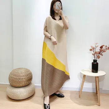 

Summer Dress For Women Plus Size 45-75kg 2020 Fashion Patchwork Round Neck Short Sleeved Loose Elastic Miyake Pleated Long Dress