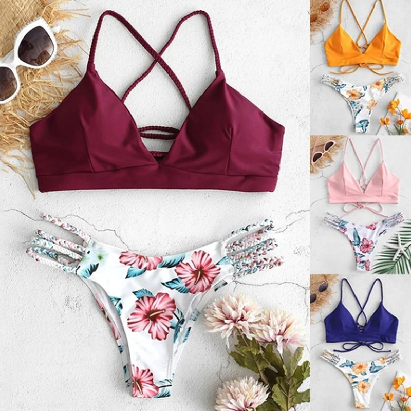 

2019 Women's New Sexy Swimsuit Solid Color Split Bikini Set Hand-Woven Rope Sexy Swimsuit Solid Color Bra Print Shorts Bikini