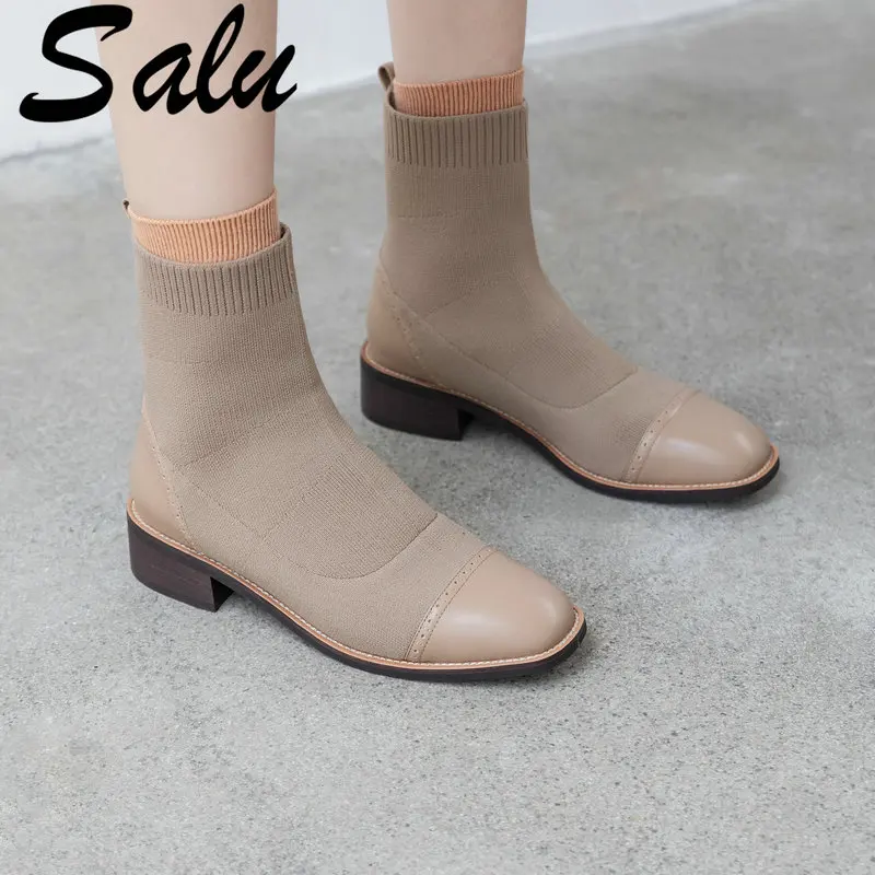 

Salu Women Ankle Boots Low Heels Cow Suede Leathe Women Boots Round Toe Comfort Casual Shoes Woman Large Size 40