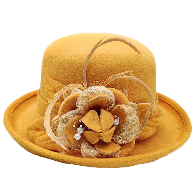 Spring Winter Women Floral Wool Cap Hats Fedoras Stylish Western Bucket Hats Warm Female Bowler fashion hat
