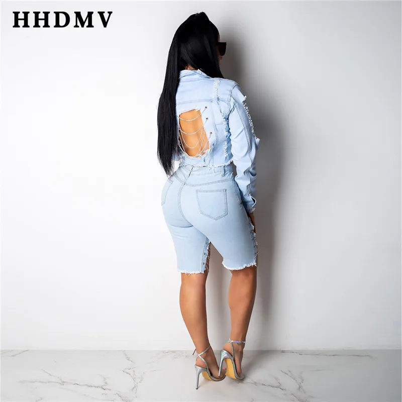 HHDMV новые женские модные джинсовые штаны с высокой талией и карманами, рваные джинсовые брюки до колена GME1237