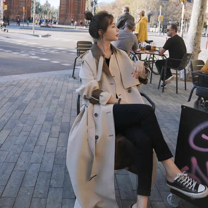 Autumn Women Long Splice Hit color Trench With