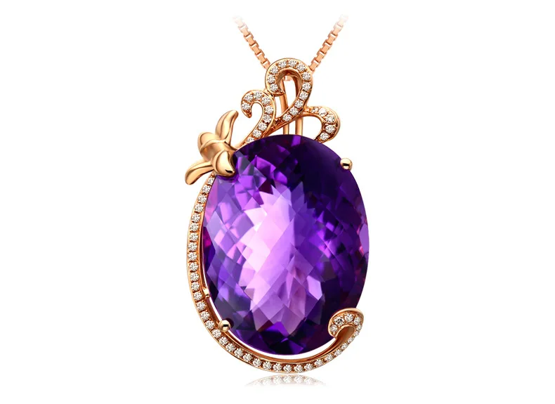 14K Rose Gold 45 Cm Necklace Jewelry Real Amethyst Pendant Bizuteria Female Amethyst Pendant Gemstone Chalcedony Jewelry Girls