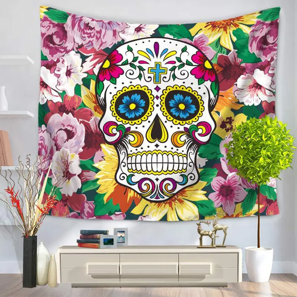 

Sugar Skull Decor Tapestry Funny Skull With Colorful Floral Style