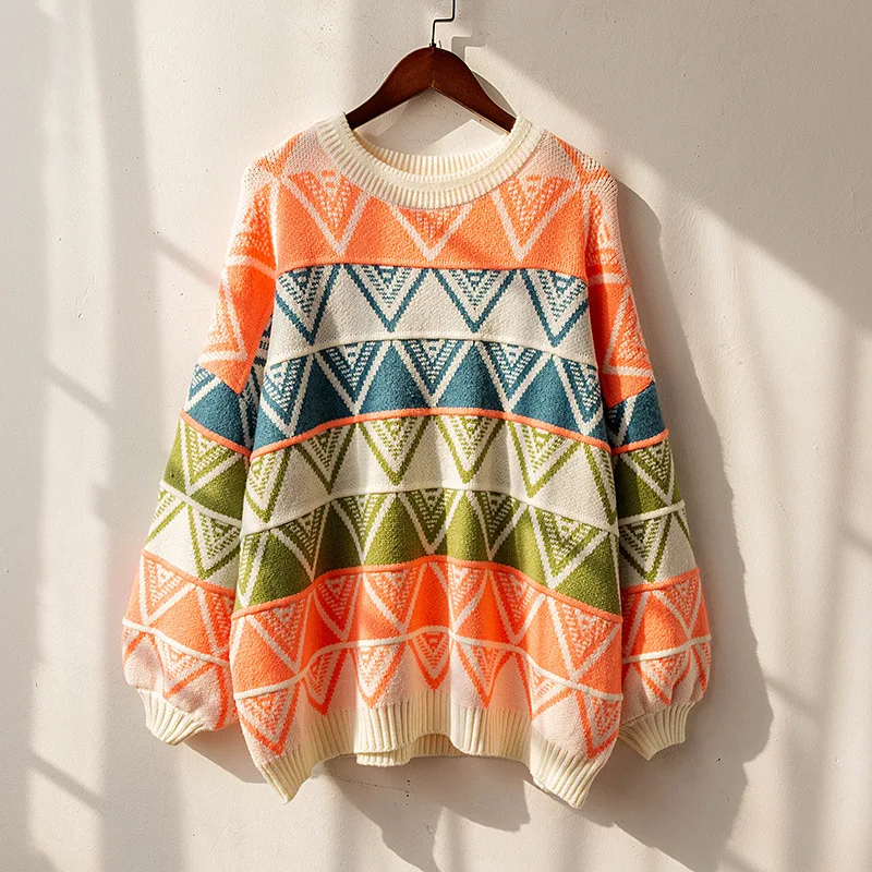 Свитер размера плюс, женские осенние зимние свободные разноцветные вязаные свитера с геометрическим рисунком, Gebreide Trui Dames - Цвет: Оранжевый