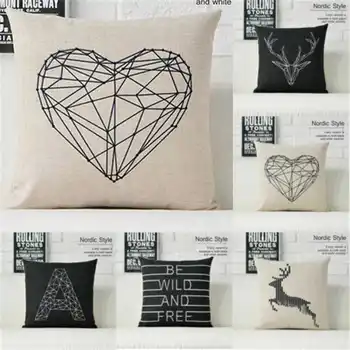 

Animal White Black Deer Nordic Pillow Case Linen Cushion Cover Flax Heart 18"x18