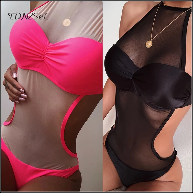 

Women Sexy Transparent Mesh Swimwears Halter Neck Backless Swim Body Suits 2020 Summer Sport Bathing One-Piece Suits Beachwear