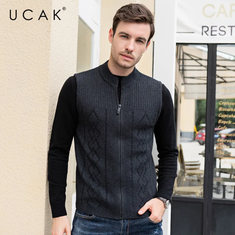 Flash Sale UCAK Brand Sweater Vest Men Merino Wool Pull Homme Fashion Trend 2019 Winter Autumn Warm Casual Zipper Striped Sweaters U1027