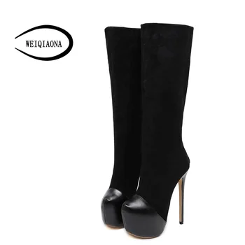 

WEIQIAONA 16 cm high boots had high wind color matching with knee high heel boots
