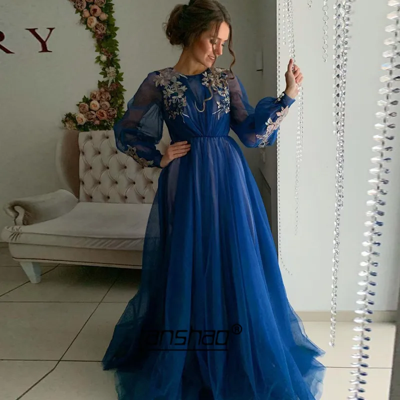 Illusion Evening Dresses Royal Blue Pleat Lace A-Line Tulle Plus Dubai Saudi Arabic Gown Boho Prom Dress | Свадьбы и торжества