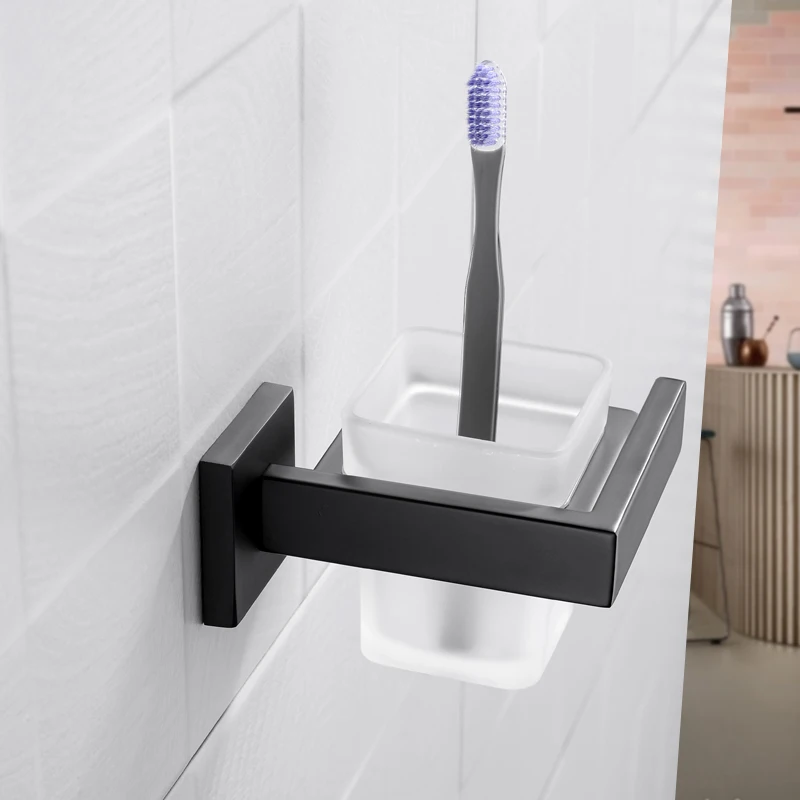 Matte Black Toothbrush Holder Tumbler Cup for Bathroom Wall Mounted Glass Toothpaste Holder Stainless Steel Accessories