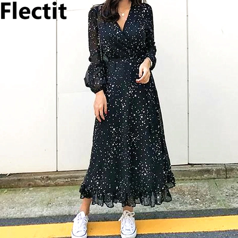 Женское длинное вечернее платье Flectit вечерние завязкой на талии длинным рукавом V