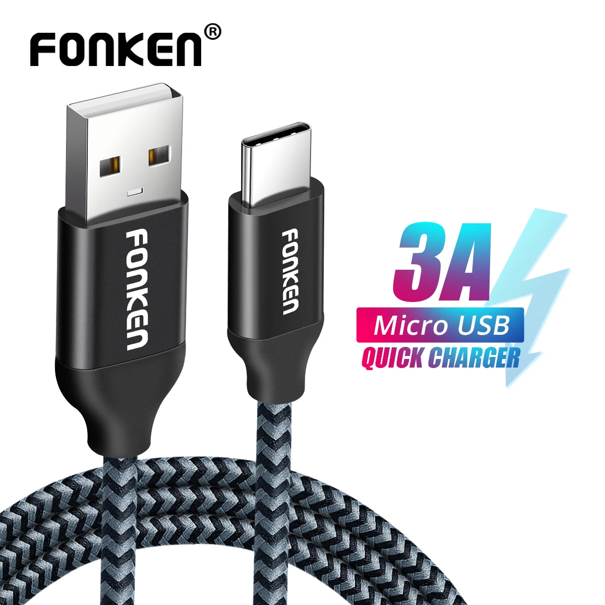 

FONKEN Nylon Braided Cable Type-C to USB A Quick Charger Cable 2128AWG 2.4A Fast Charging Data Reversible USB C Cable for Phone