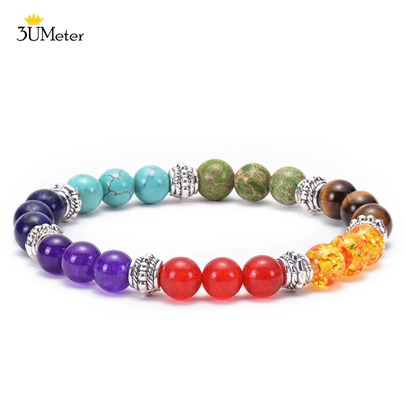 8 мм бусины тигровый глаз браслет натуральный камень 7 чакра браслеты йога баланс бусины Будда молитва эластичный браслет для мужчин и женщин - Окраска металла: Chakra bracelet1-2