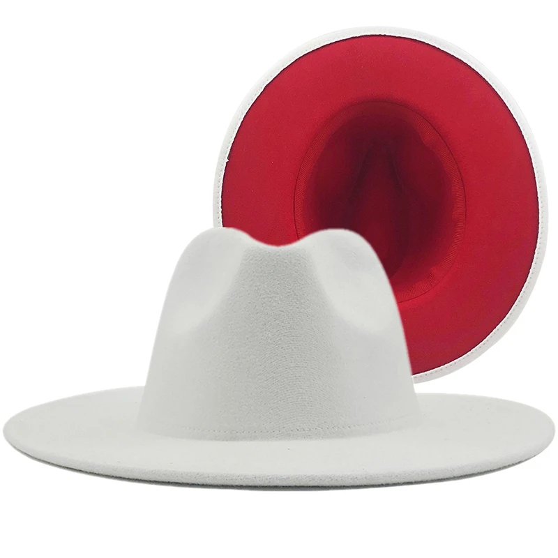 60CM red with gray Bottom Patchwork Panama Wool Felt Jazz Fedora Hats Women Men Wide Brim Party Cowboy Trilby Gambler Hat 6