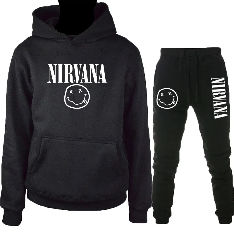 Новинка, осенняя и зимняя теплая толстовка Nirvana, Мужская/Женская модная Толстовка в стиле хип-хоп+ брюки, костюм из 2 предметов