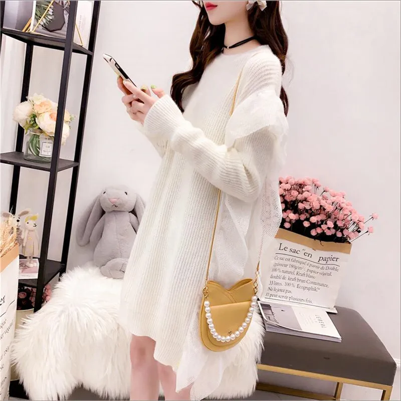 

Mid-length sweater women's head autumn and winter loose solid color long-sleeved round neck commuter jacket