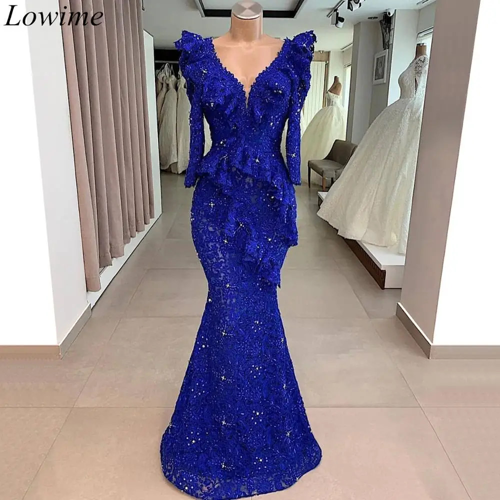 Fabulous Royal Blue Jewel Floor Length Lace Mermaid Prom Dress