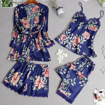 

4 Pcs Women's Pajamas Set Soft Silk Wireless Rimless Sleepwear Set Printed Robe Camisole Short Pant Long Pant Lace Underwear De4