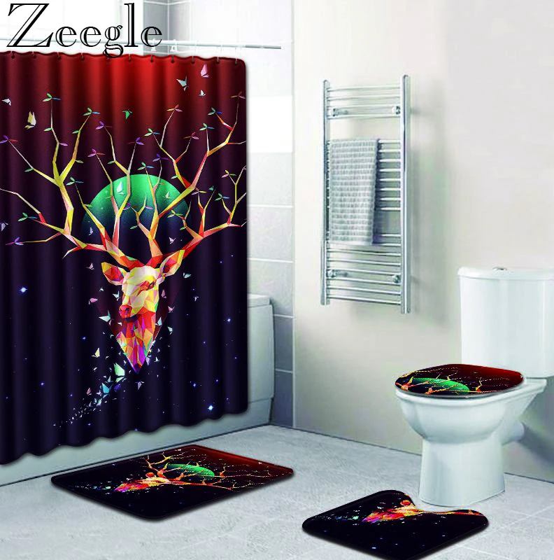 Bathroom Curtain Bath Mat Set Waterproof Shower Curtain Absorbent Bathroom Mat Foot Mat 3D Deer Printed Toilet Seat Cover Set