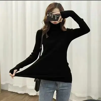 2021 Autumn Women Pullover Tops Female Knitted Sweaters Solid Concise Turtleneck Elasticity Elegant Office Lady Casual All Match summer crop top