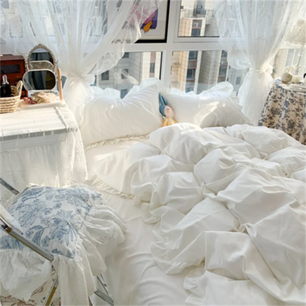 Cute Solid White Bed Sheets girl Pink Bedding Set Soft Duvet Cover Queen King Linens Pillowcases Lotus Leaf Lace 4pcs | Дом и сад