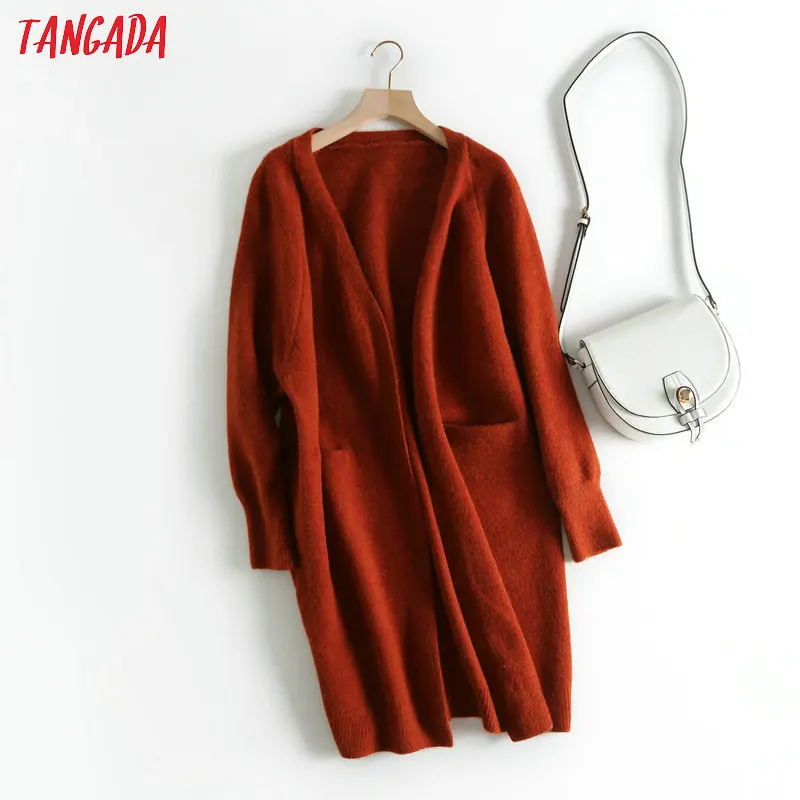 Tangada женский однотонный длинный кардиган вязаный крючком свитер в Корейском стиле Топ с длинным рукавом Женский вязаный кардиган пальто BC19