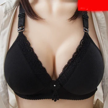 

Women Bra For Small Breast Gathered Wire Free Unpadded Full Coverage Plain Black Lace Adjusted Strap Back Closure Underwear Bra
