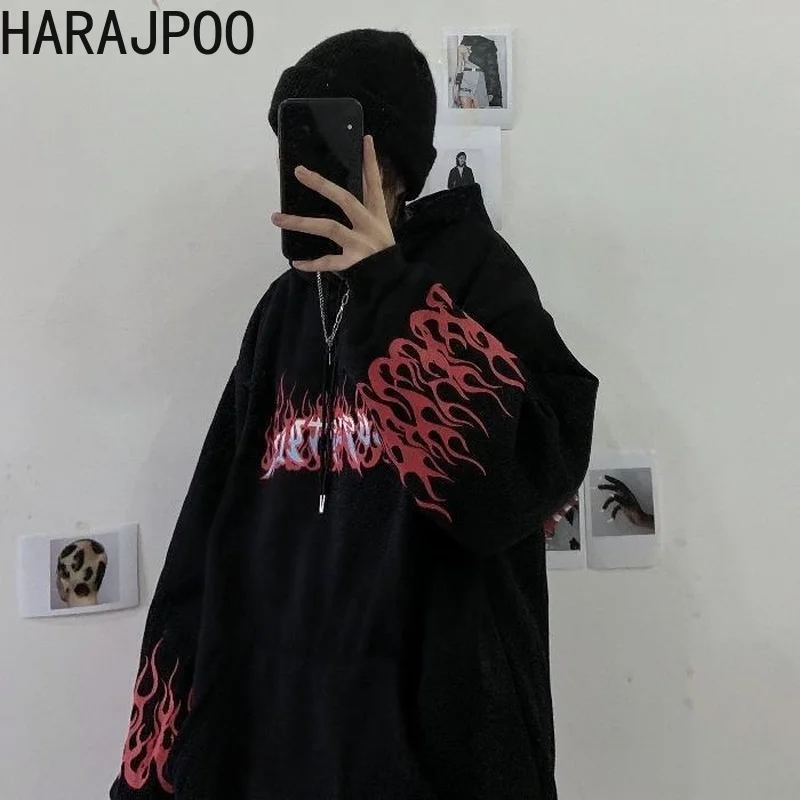 HARAJPOO Female Sweatshirts Spring Autumn Korean Version Ins Harajuku Style Street Black Flame Print Loose Hooded Trend Tops | Женская