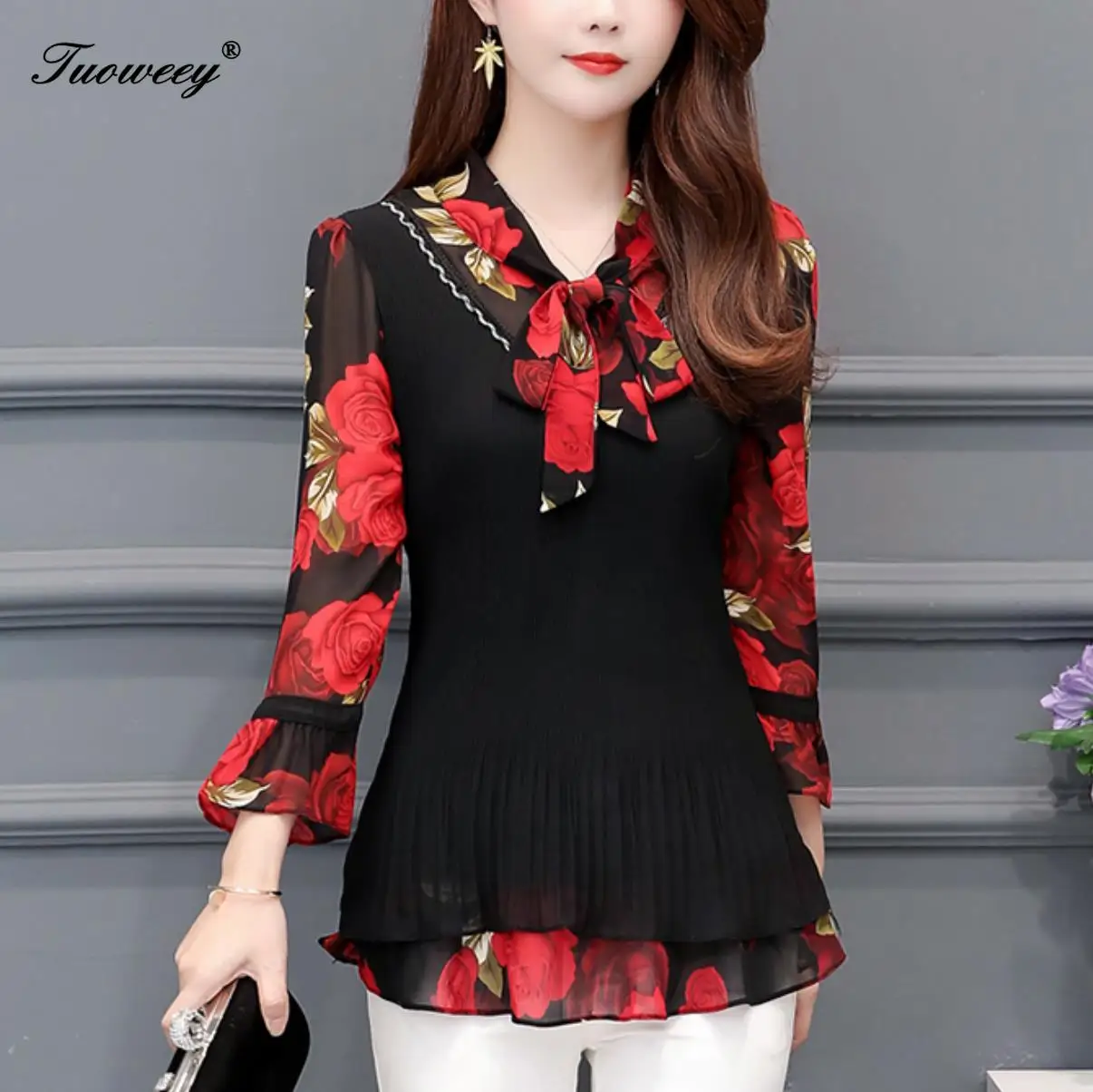 

5XL Plus Size Women Blouses 2019 Fashion autumn bow collar 3/4 Sleeve FLORAL Shirt Female Casual tops blusas femininas elegante