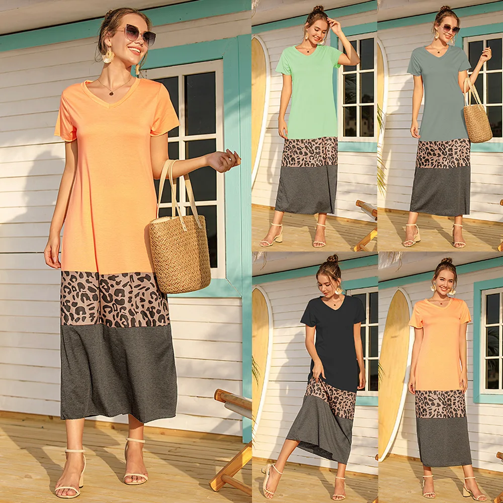 

Plus Size Women's Leopard Print Stitching Short Sleeve Long Skirt Women's Dress Woman's Dress