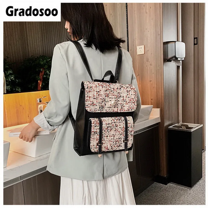 

Gradosoo Wool Backpack Women Beaded Bagpack PU Leather Backpack Schoolbag Female Casual School Bags Women Backpack Travel HMB658