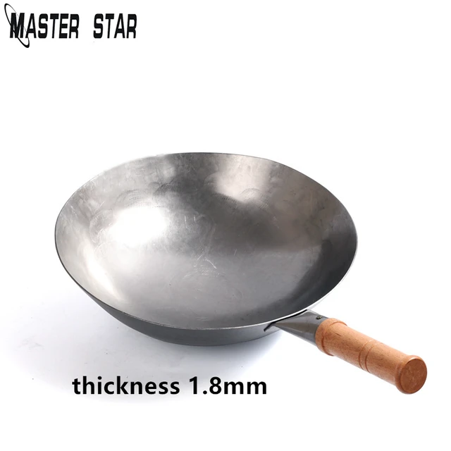 Master Star Chinese Carbon Steel Wok With Ear Handmade Hammering Large Iron Wok Non-stick Non-coating Healthy Wok Gas Cookware Classic Handle