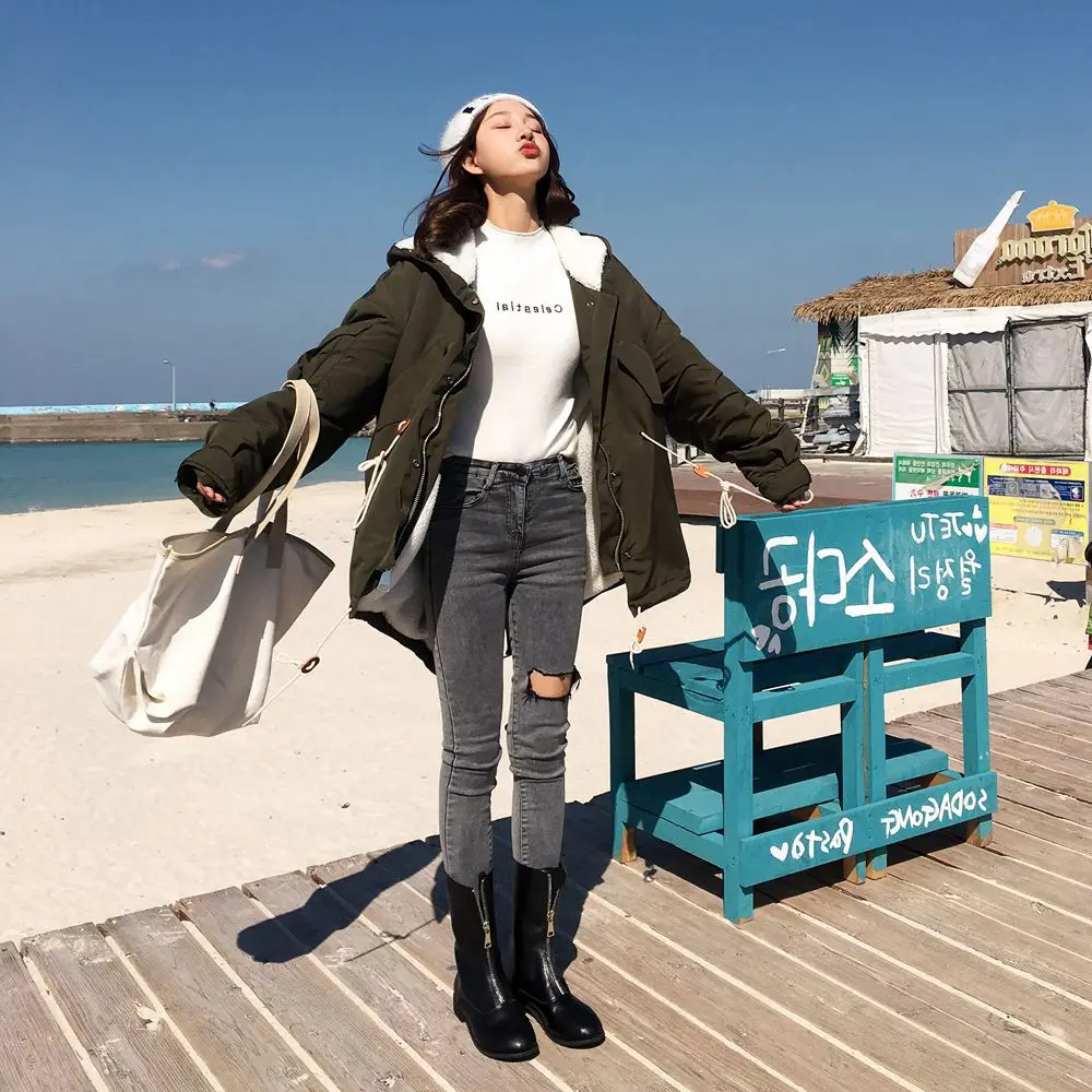 

Photo Shoot Army Green Cotton Coat 2019 Winter New Style WOMEN'S Dress Retro Furry Inner Wearing Hooded Workwear Cotton-padded C