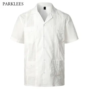 Camisa blanca cubana de manga corta para hombre, camisa masculina de manga corta con bordado de botones, Color sólido suave con cuello de camisa masculina