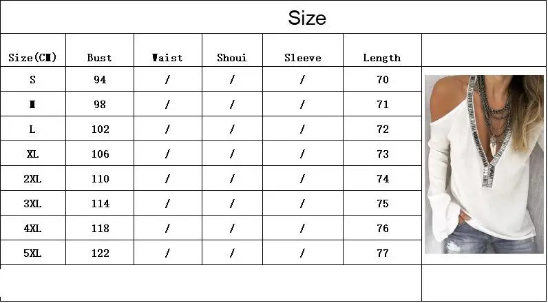 Модная белая черная Женская хлопковая Футболка с двумя плечами с длинным рукавом и v-образным вырезом, сексуальная модная футболка с блестками для девушек размера плюс 5XL