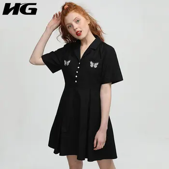 

HG French Hepburn Vintage Butterfly Embroidery Dress Women Fashion Elegant Suit Collar Short Sleeve Dresses Summer New XJ4273