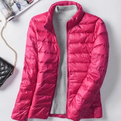 rose Red Короткие тонкие пуховые пальто для женщин Осень Зима повседневные однотонные размера плюс светильник пуховики для женщин модные элегантные стоячий воротник верхняя одежда - Цвет: rose Red