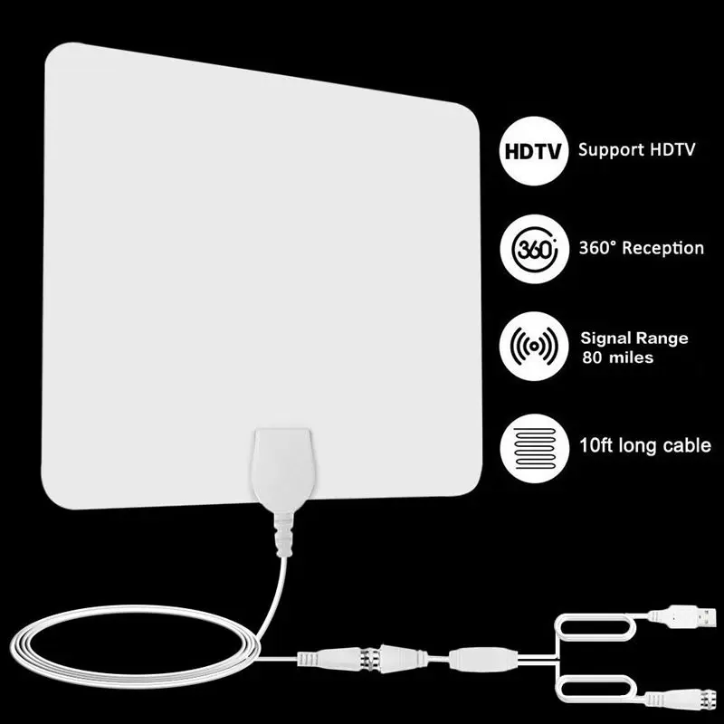 4K HD 1080P 80 Mile HDTV Indoor Antenna HD Digital TV Signal Amplified Booster Aerial+Cable