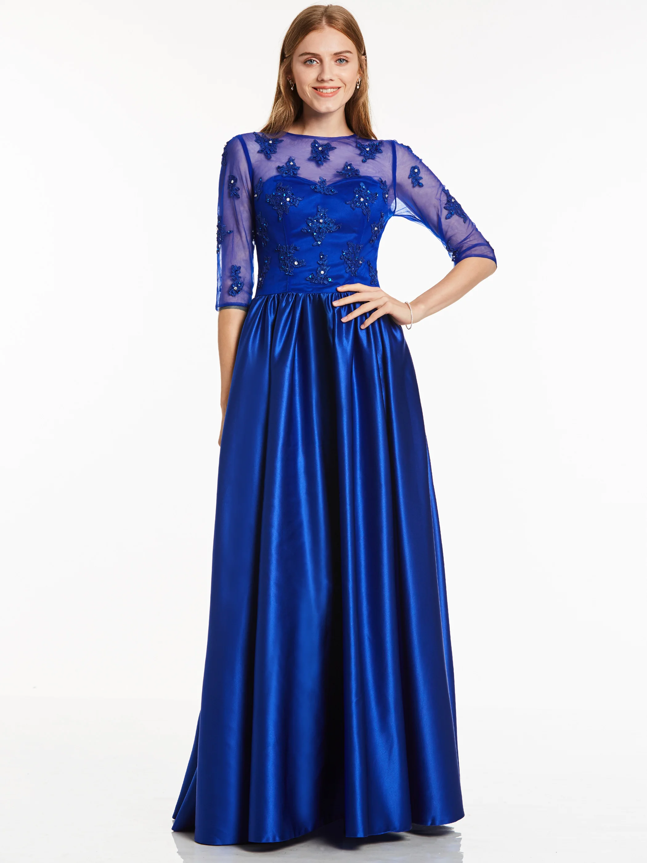 Scoop Neck Evening Dress Black Appliques Half Sleeves Floor Length Ball