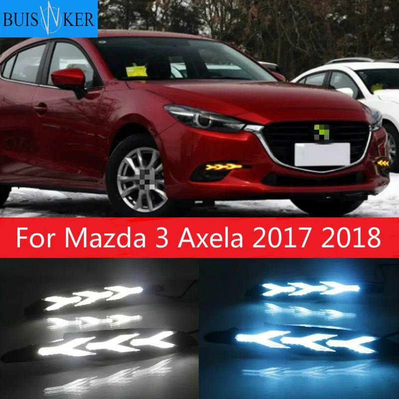 

2 шт. LED DRL для Mazda 3 Axela 2017 2018 светодиодный Вождение автомобиля противотуманные фары светильник противотуманных фар с потоком желтым сигналом поворота