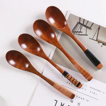 

Natural Wooden Milk Honey Soup Long-handled Wrapped Line Teaspoon Coffee Spoon Kitchen Cooking Utensil Tool
